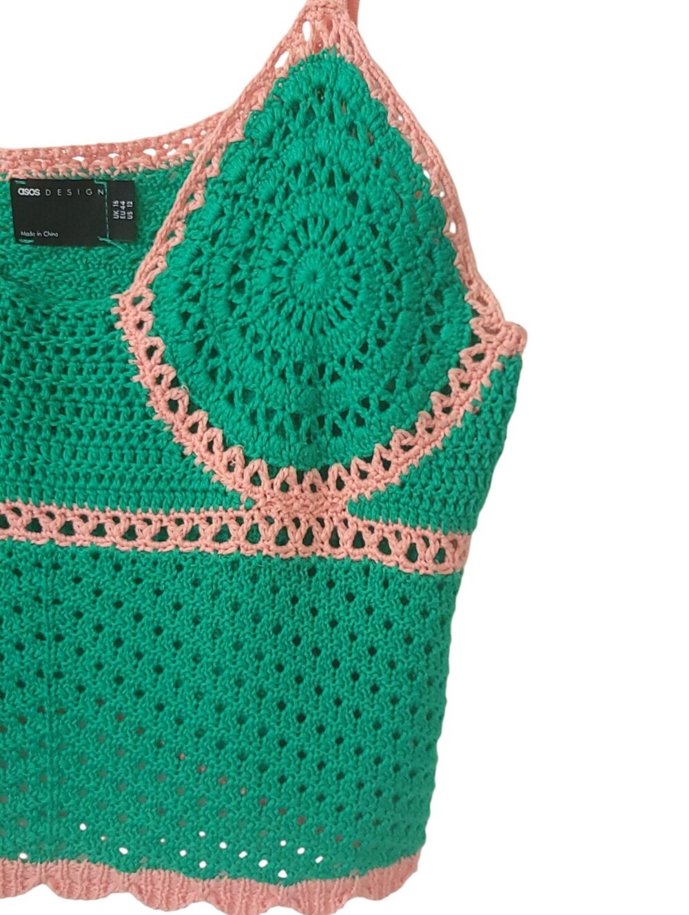 ASOS DESIGN Crochet Crop Top US 12 Pink Green Y2K Festival Boho Cami - Picture 6 of 13